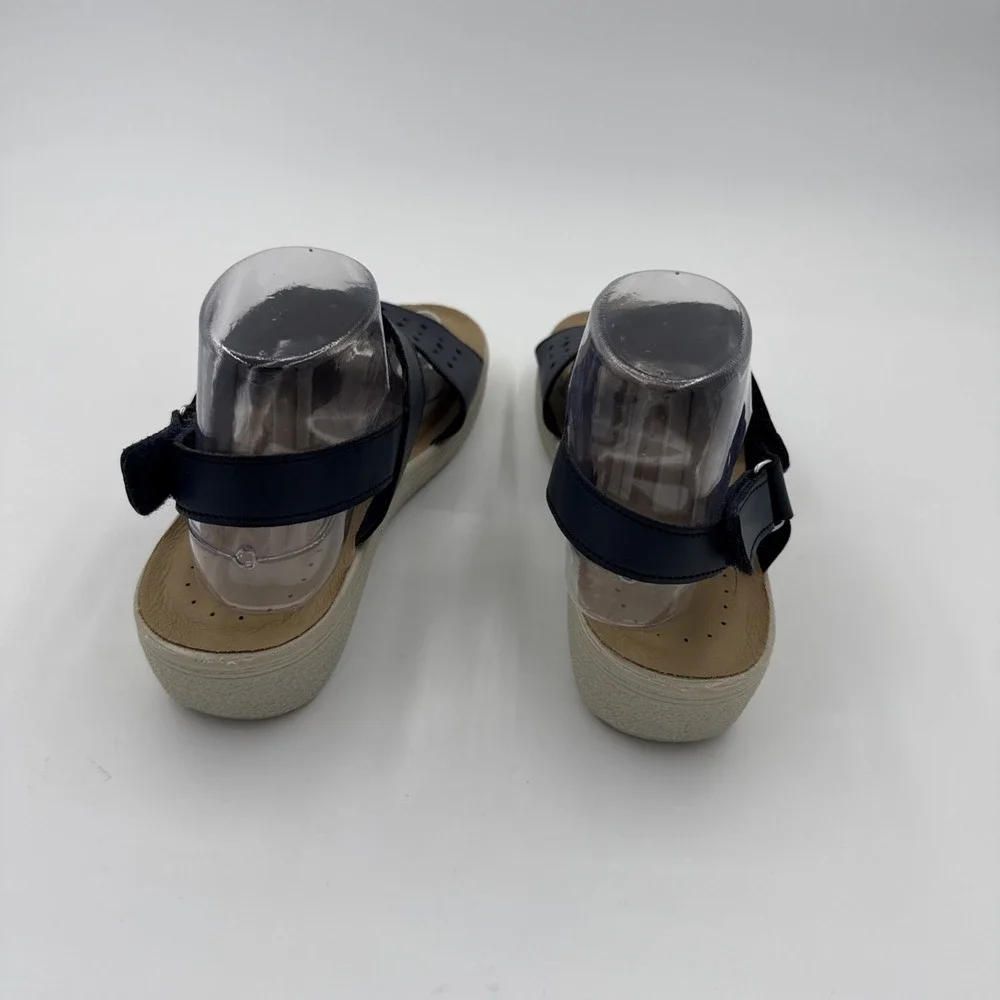Fly Fot Women's Navy Blue Sandals Size 39 US 8 -8.5 Anatomic Strappy Wedge
